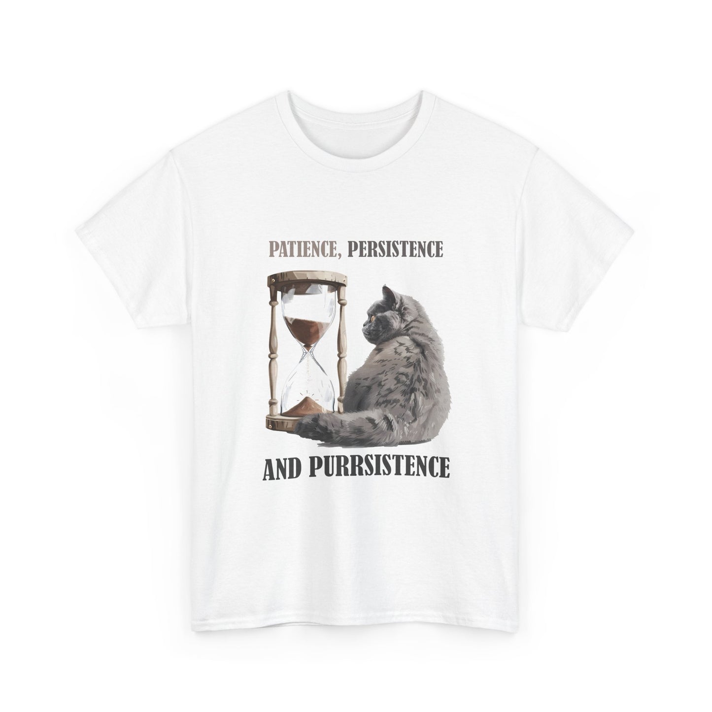 Cat Hourglass T‑Shirt — "Patience, Persistence and Purrsistence" Funny Cat Tee