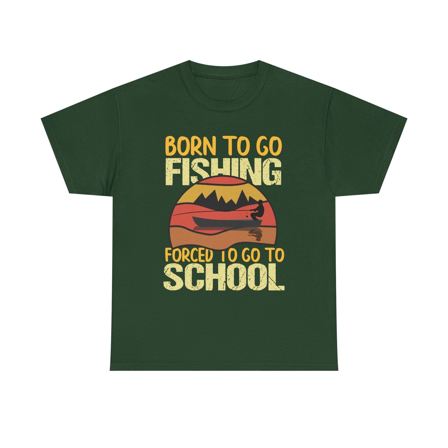 Fishing Graphic Tee - "Born to Go Fishing, Forced to Go to School" Retro Sunset T-Shirt for Kids & Teens
