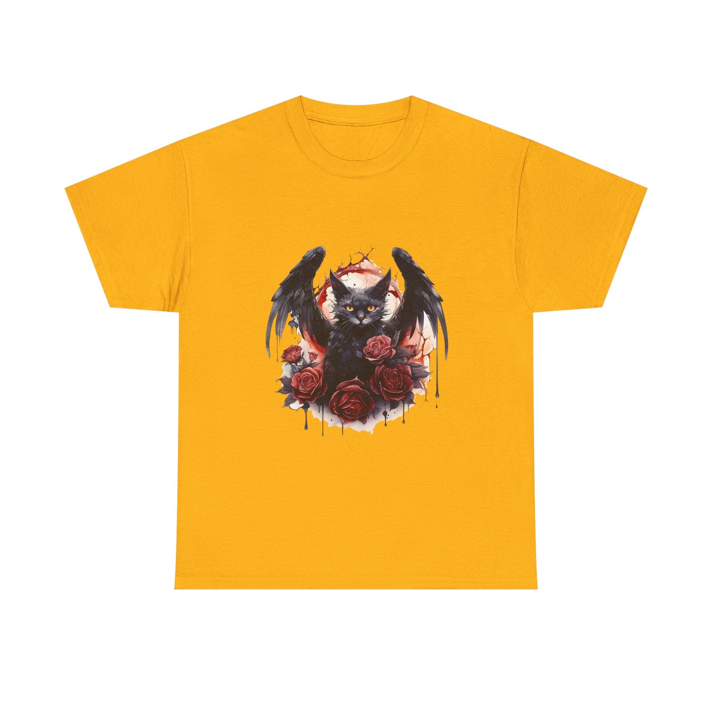 Cat Demon Tee — Gothic Bat-Wing Cat with Roses Graphic Shirt