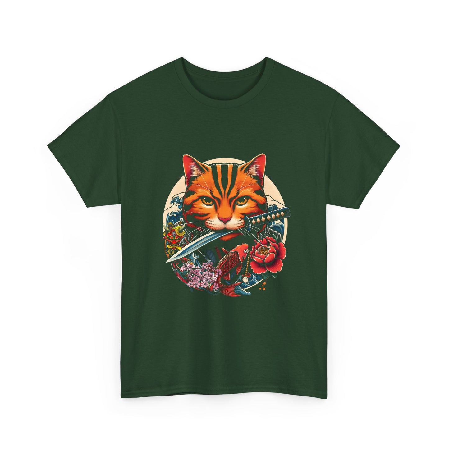 Cat Samurai T‑Shirt — Orange Tabby with Sword & Floral Crest
