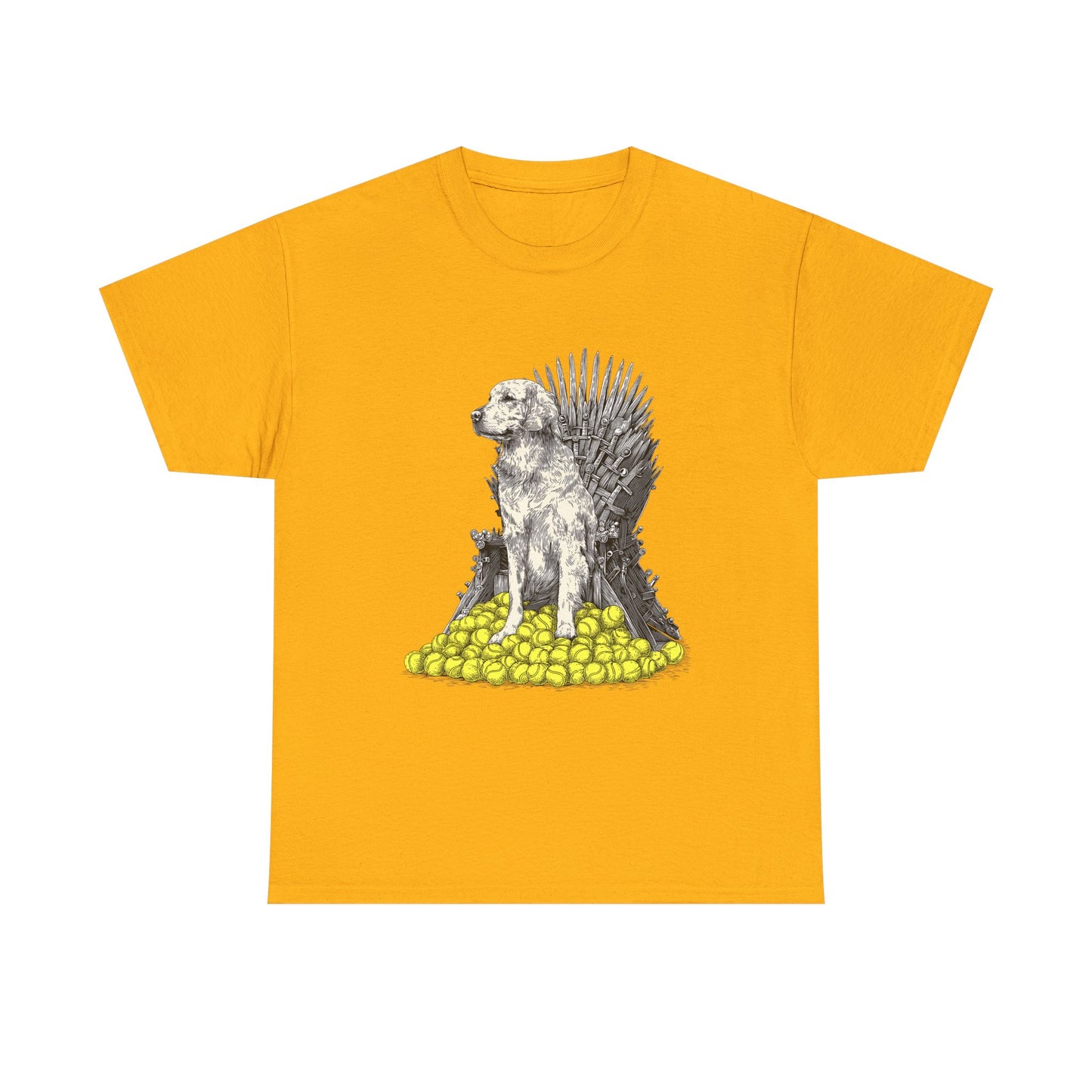 Dog Throne T‑Shirt — Dog on Iron Throne of Tennis Balls Graphic Tee