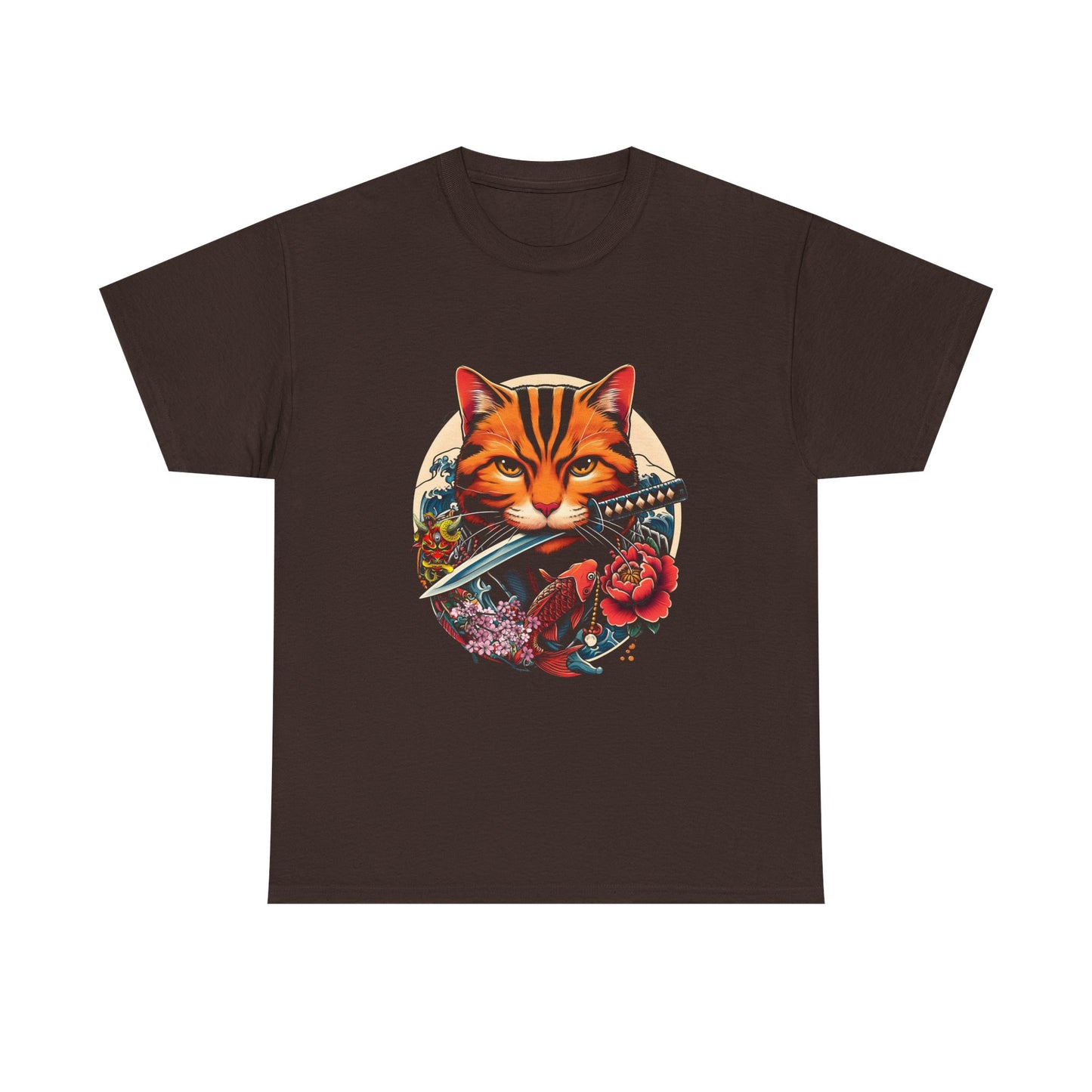 Cat Samurai T‑Shirt — Orange Tabby with Sword & Floral Crest