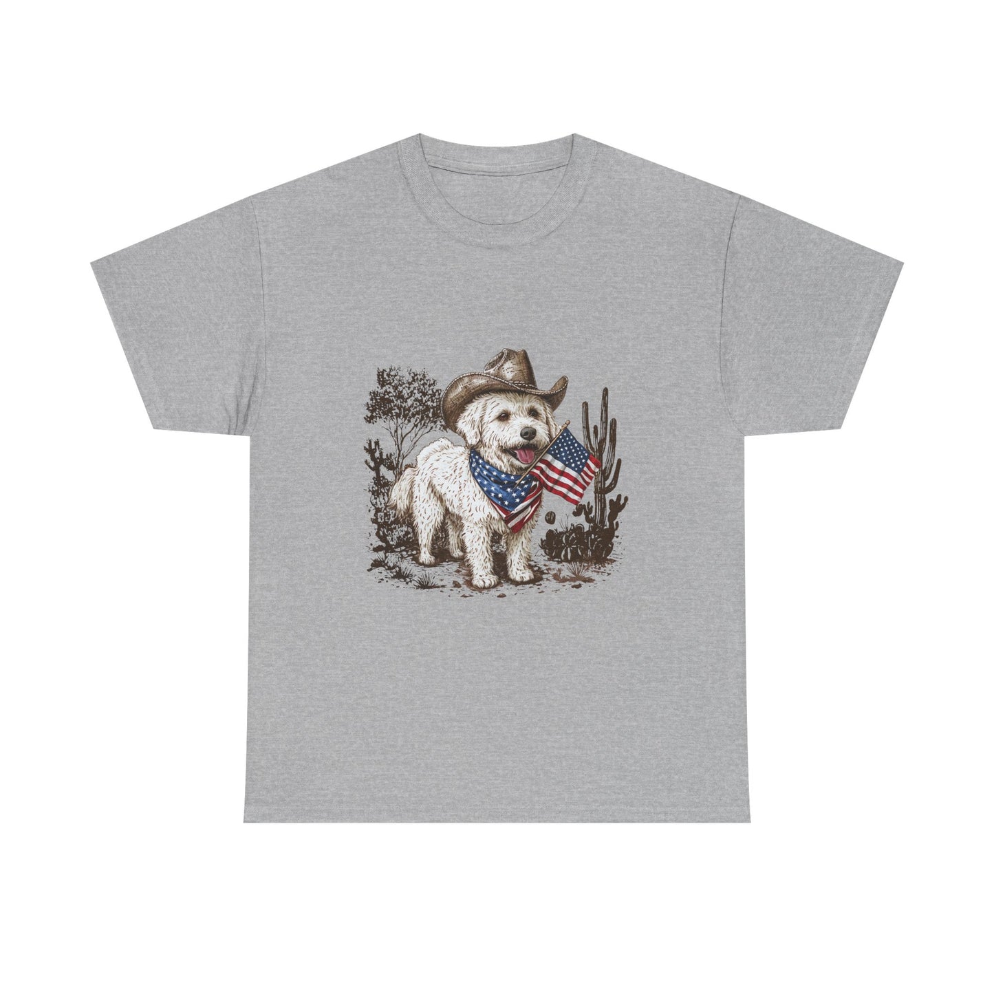 Patriotic Puppy Tee — Cowboy Dog with American Flag