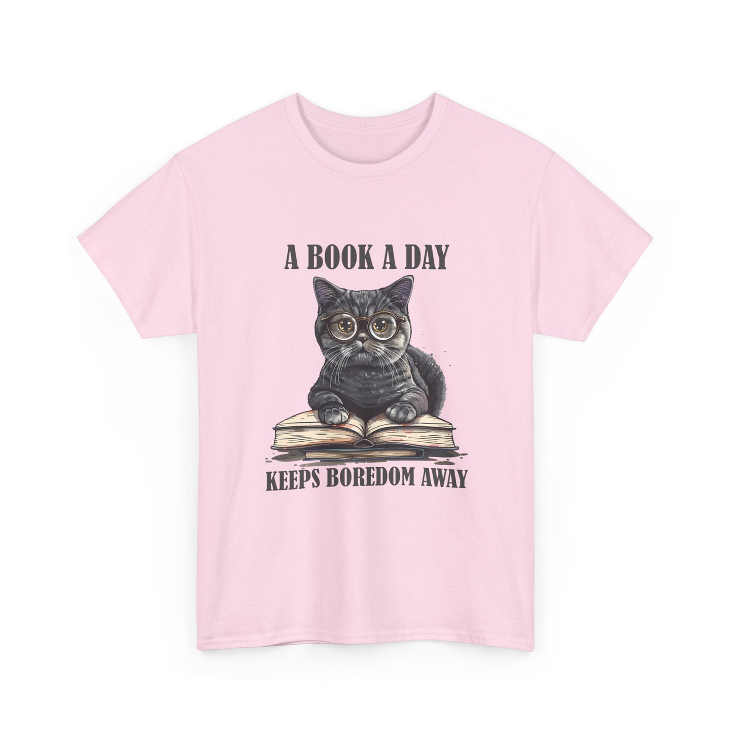 T-Shirt — "A Book a Day Keeps Boredom Away" Cat Reading Graphic Tee
