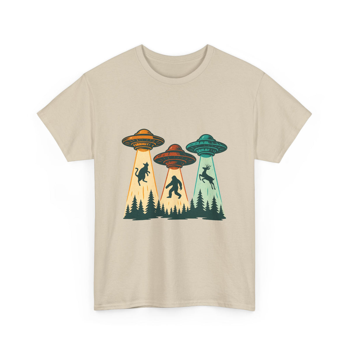 Alien Abduction UFO Tee — Retro Forest Beams T‑Shirt