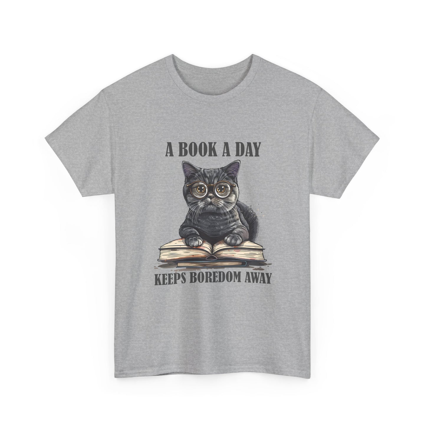 T-Shirt — "A Book a Day Keeps Boredom Away" Cat Reading Graphic Tee