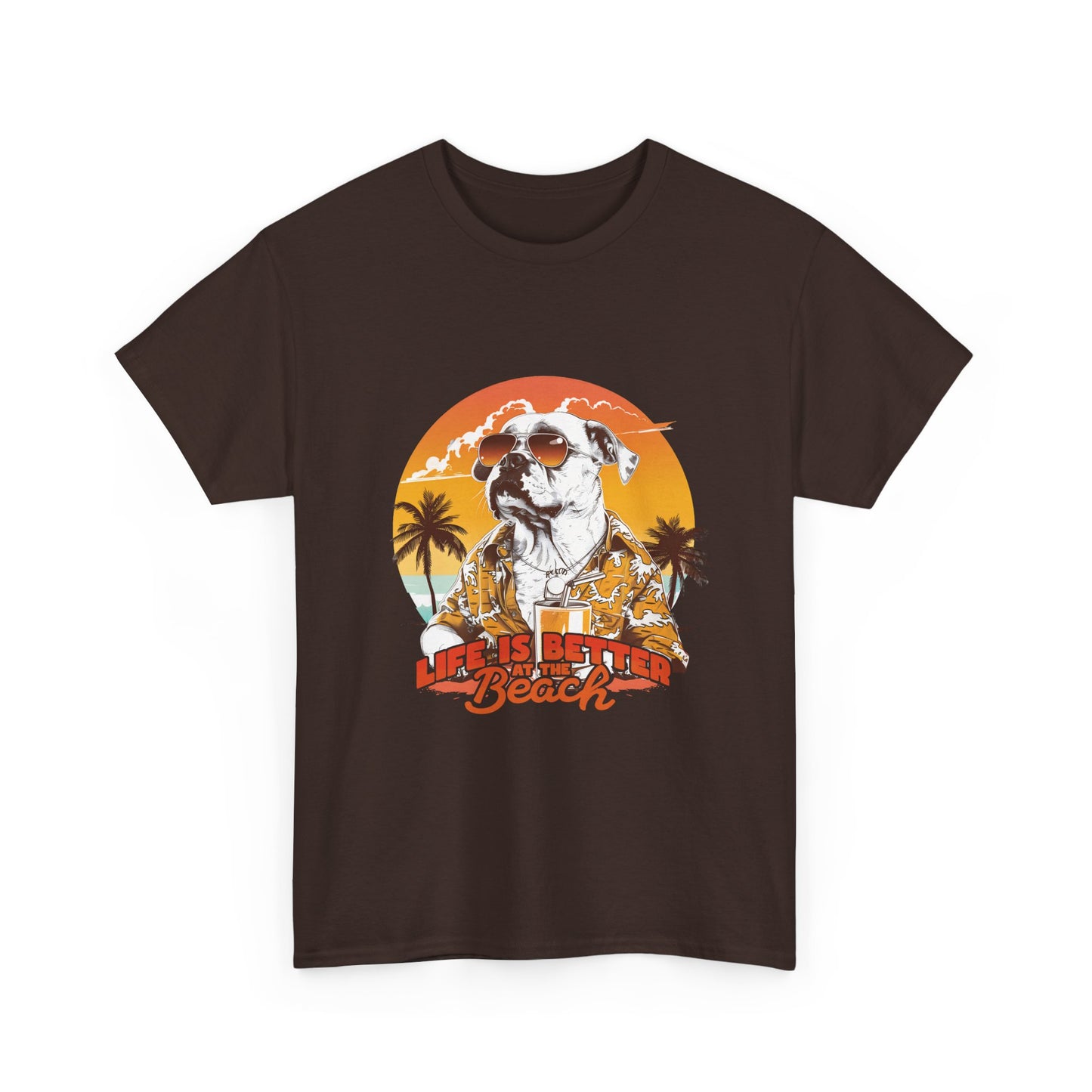 Beach Dog T‑Shirt — "Life Is Better at the Beach" Vintage Sunset Tee
