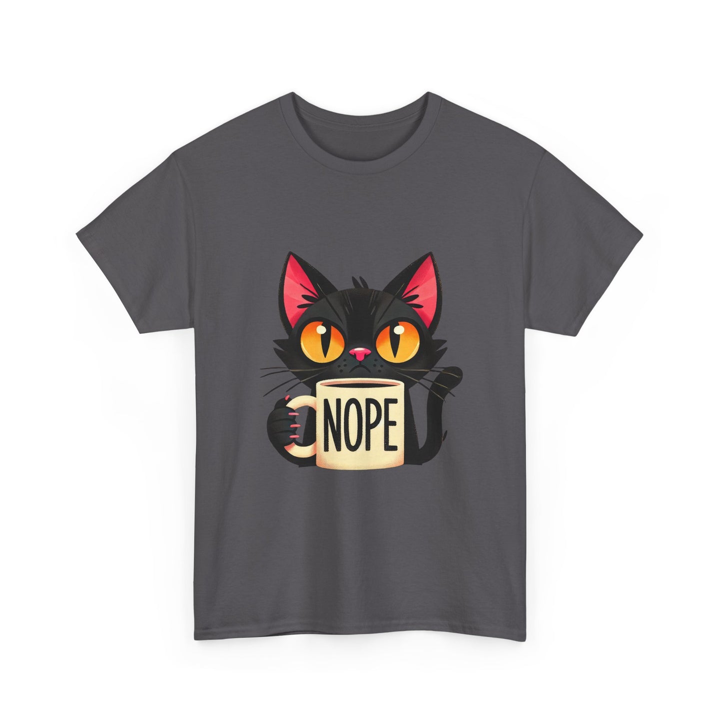 Cat 'Nope' T-Shirt — Cute Black Cat Holding 'NOPE' Mug Graphic Tee