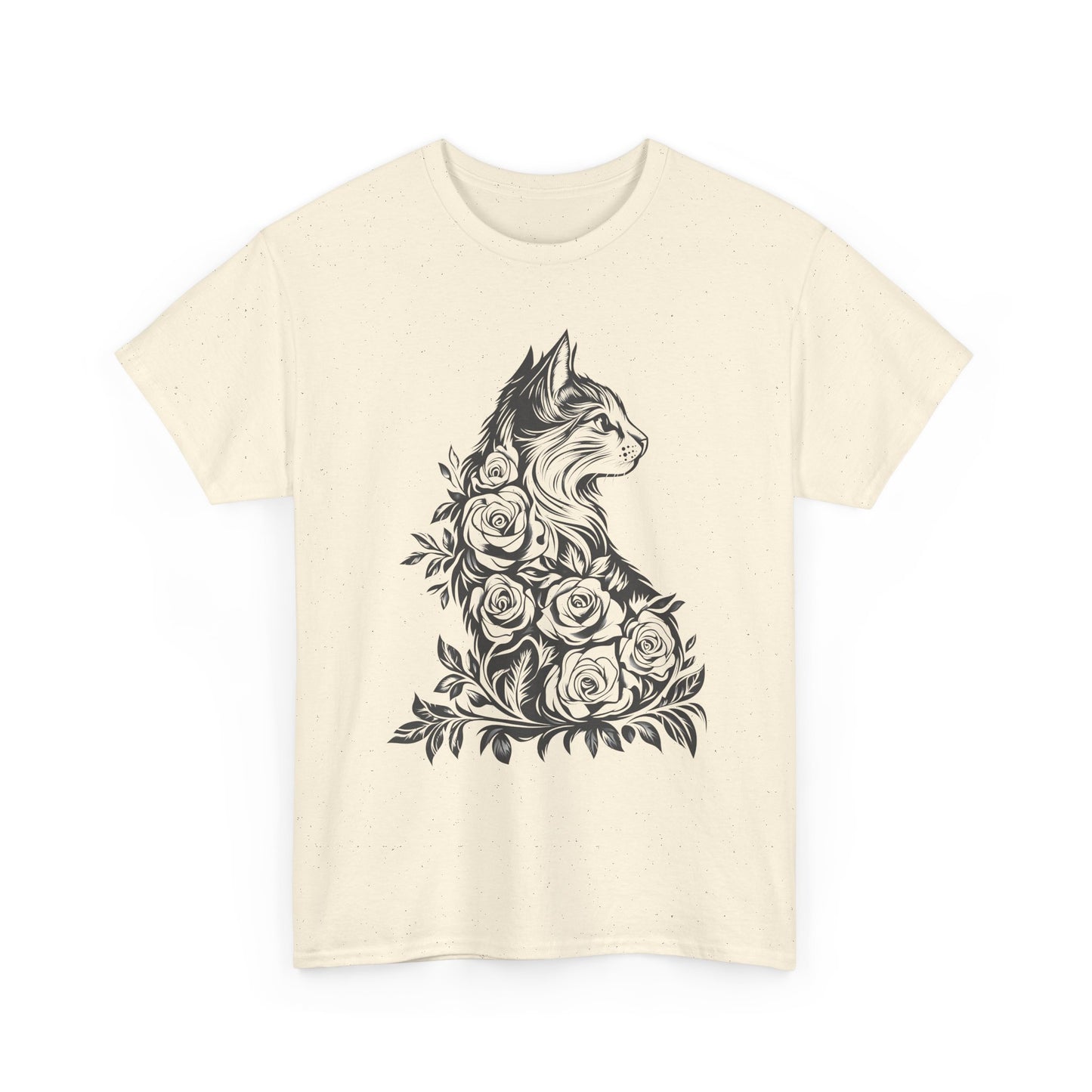 Floral Cat Tee — Vintage Black & White Cat with Roses T-Shirt