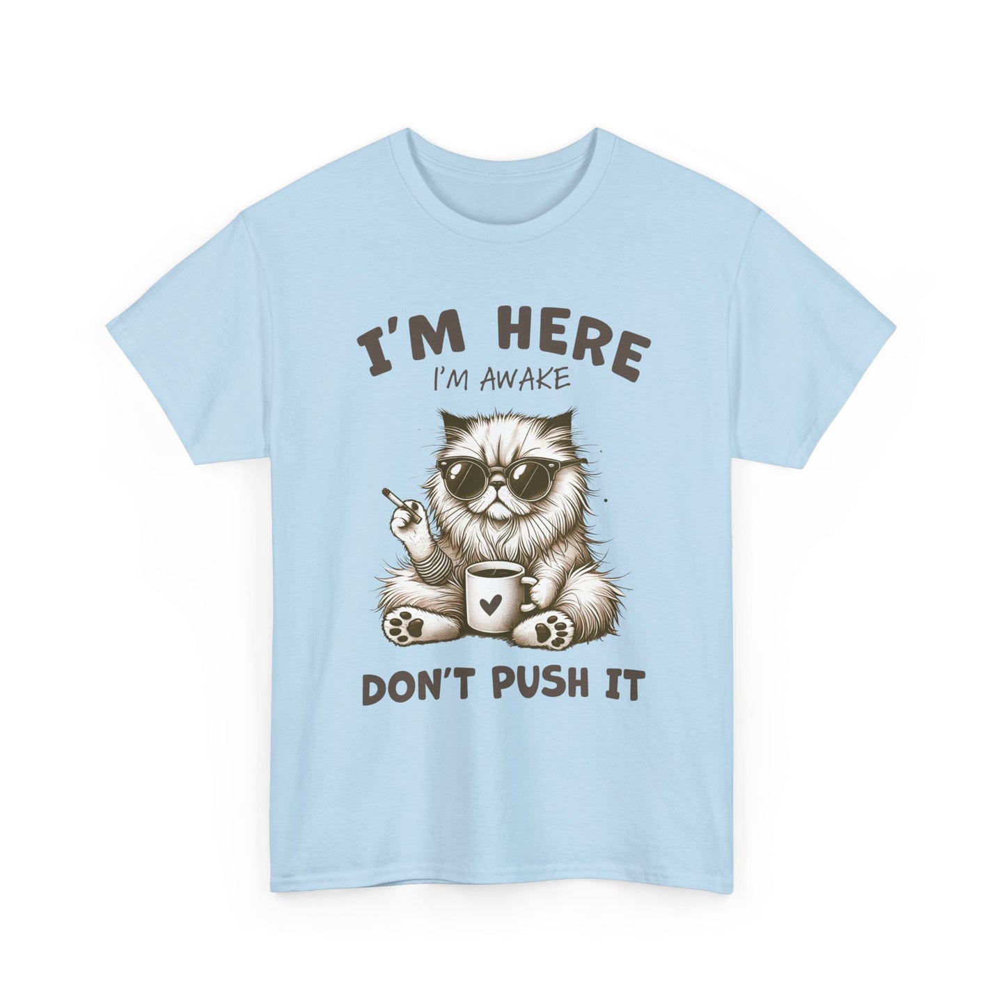 I'm Here I'm Awake Don’t Push It Cat T-Shirt — Funny Coffee Cat Tee for Cat Lovers