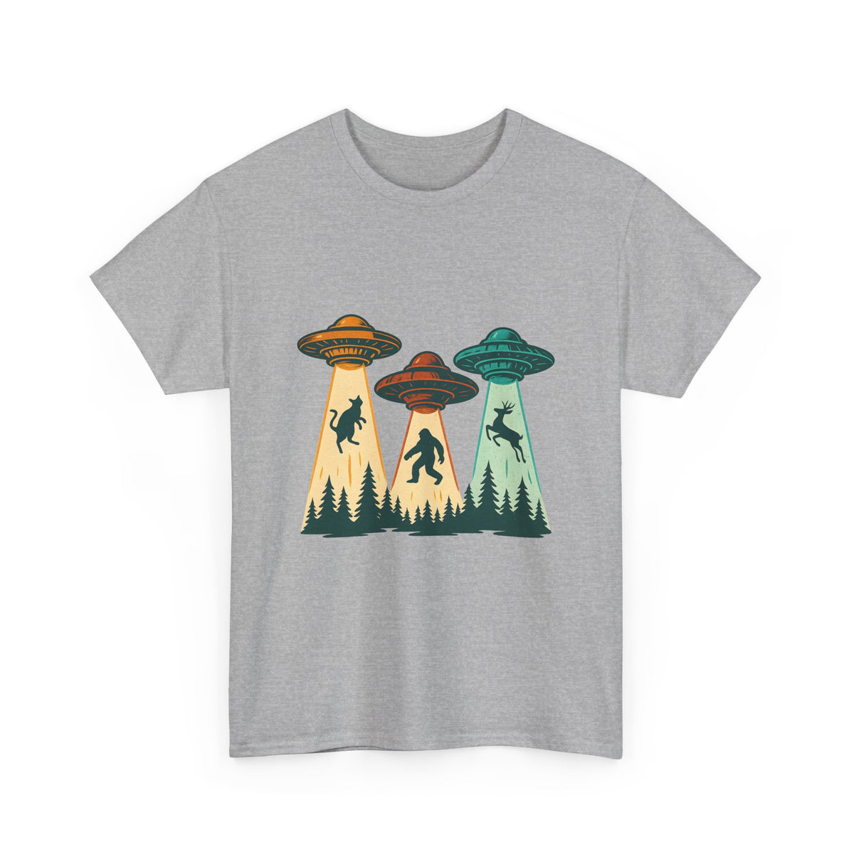 Alien Abduction UFO Tee — Retro Forest Beams T‑Shirt