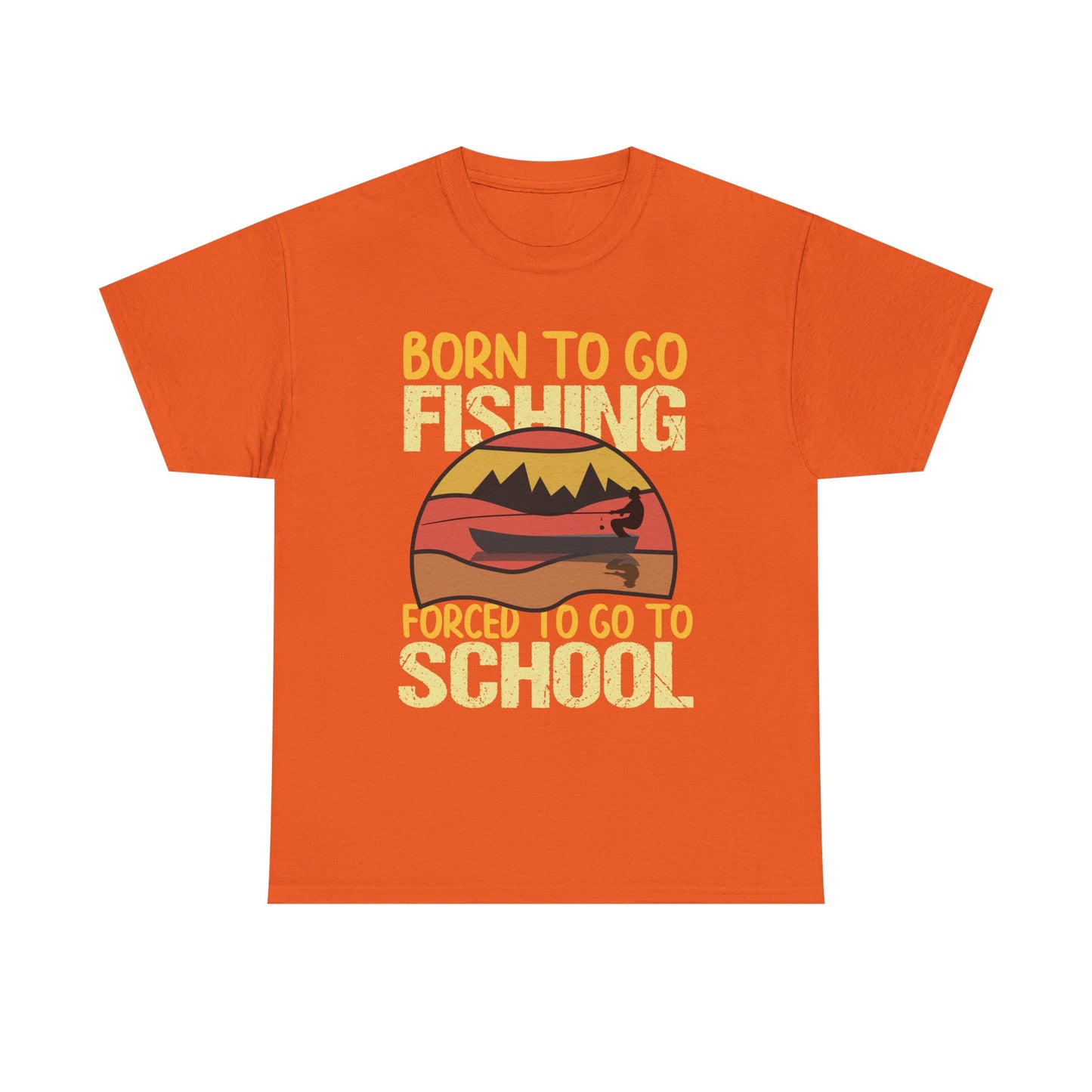 Fishing Graphic Tee - "Born to Go Fishing, Forced to Go to School" Retro Sunset T-Shirt for Kids & Teens