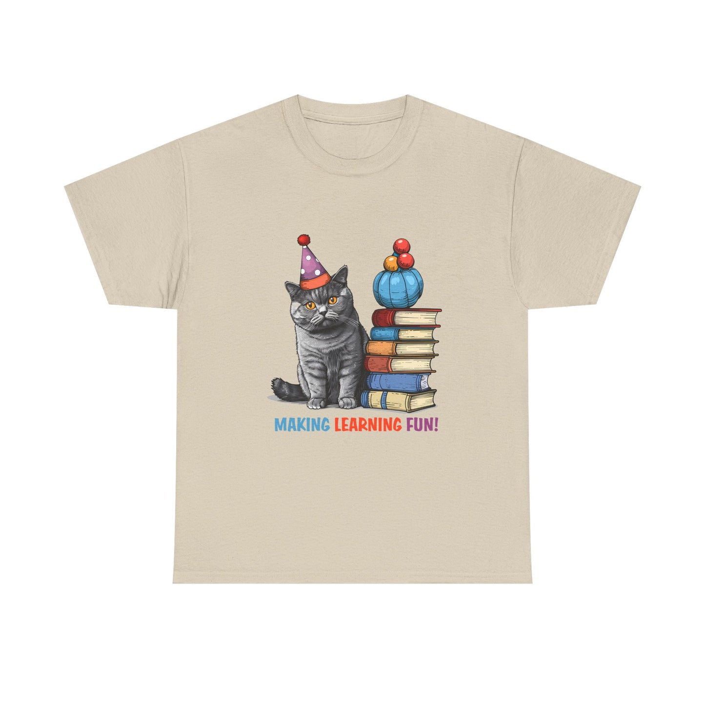 Cat Teacher T-Shirt — "Making Learning Fun!" Cute School Cat with Books Tee