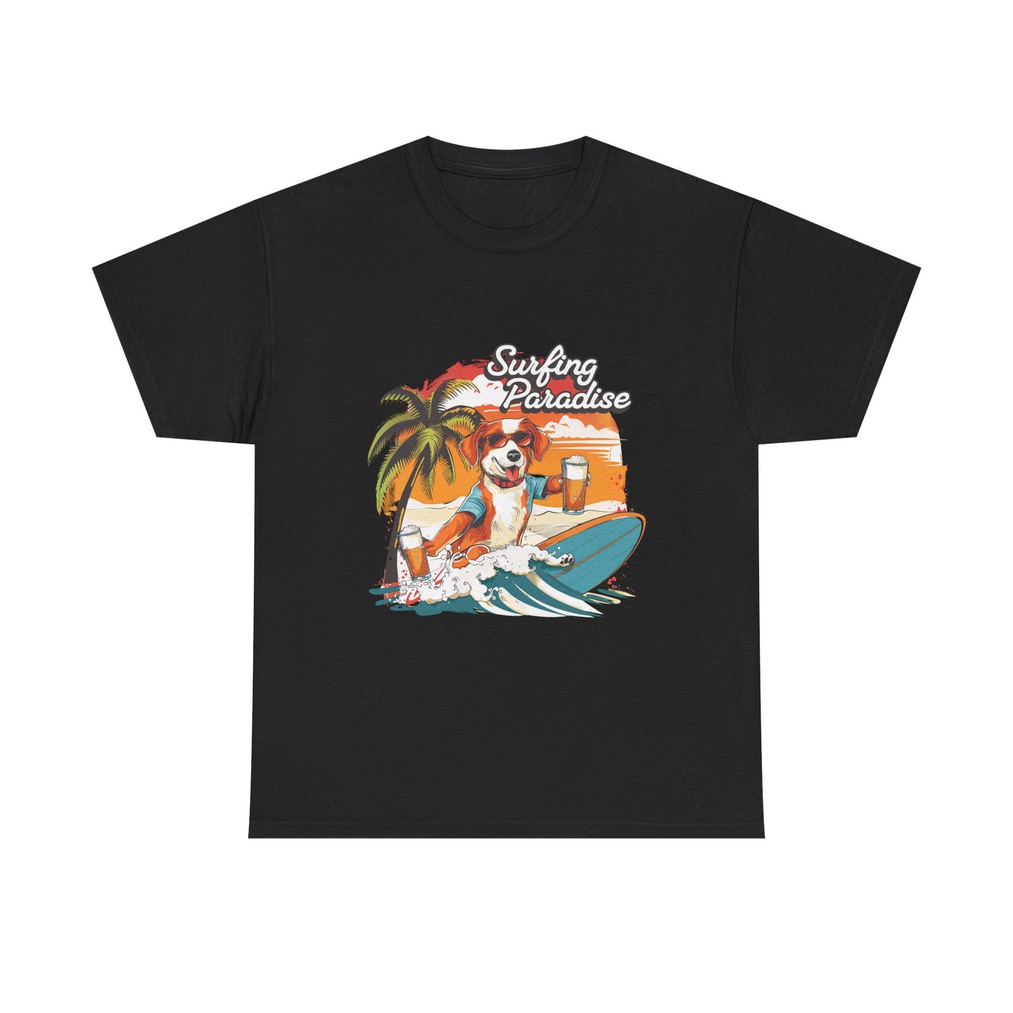 Surfing Paradise Dog T-Shirt – Retro Palm Beach Surf Tee