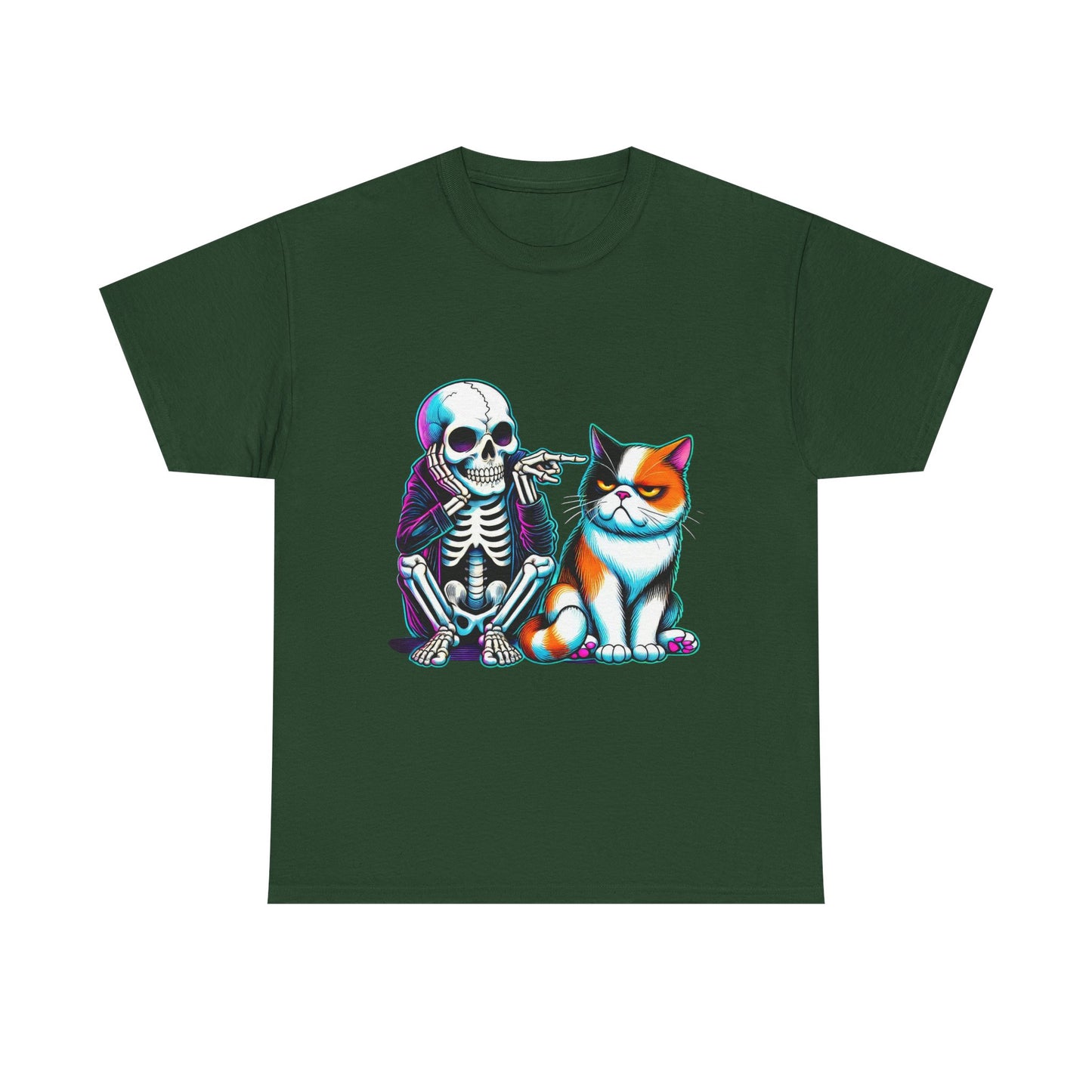 Skeleton & Cat Graphic Tee — Retro Neon Spooky Cat Shirt