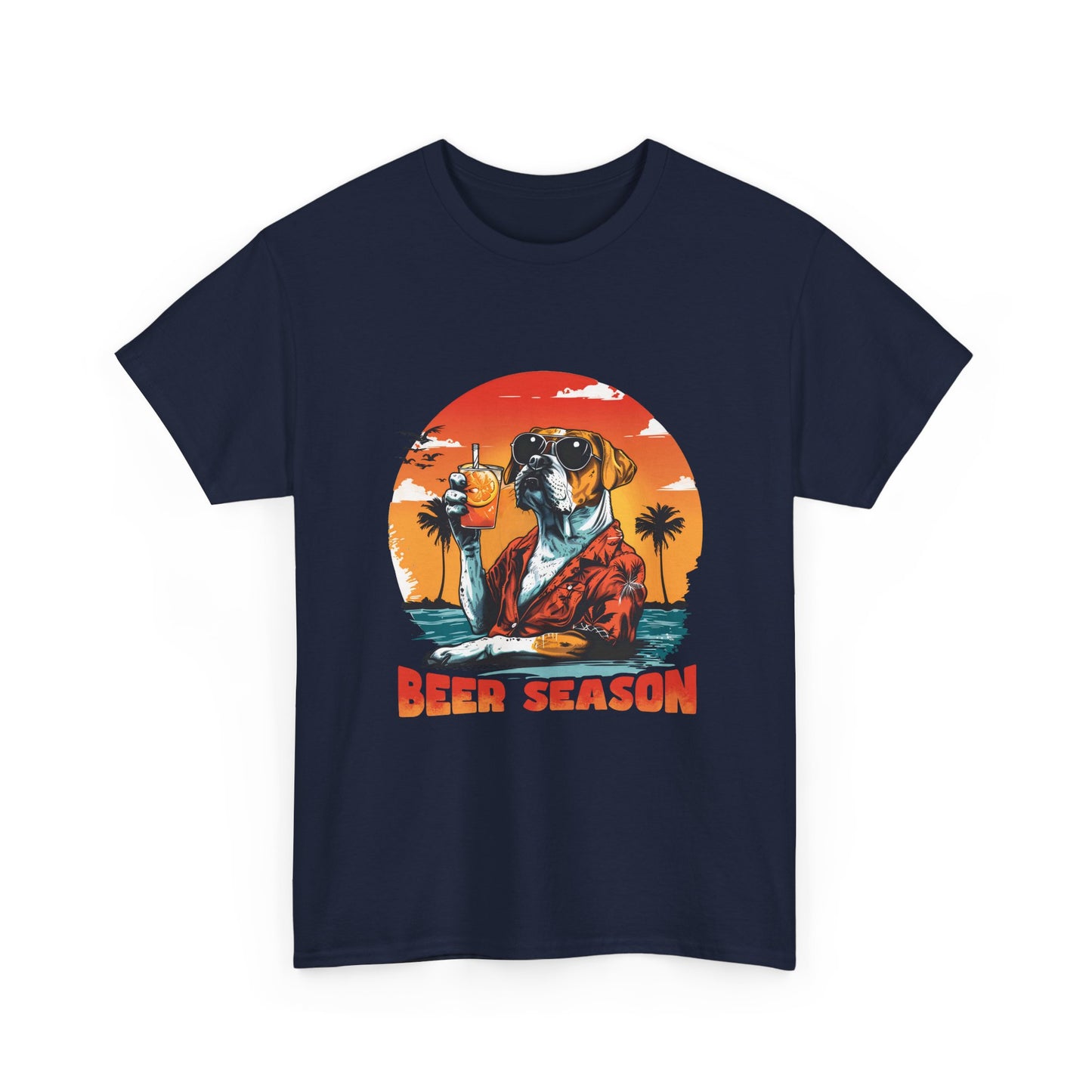 Beer Season T-Shirt — Vintage Sunset Dog Holding Beer