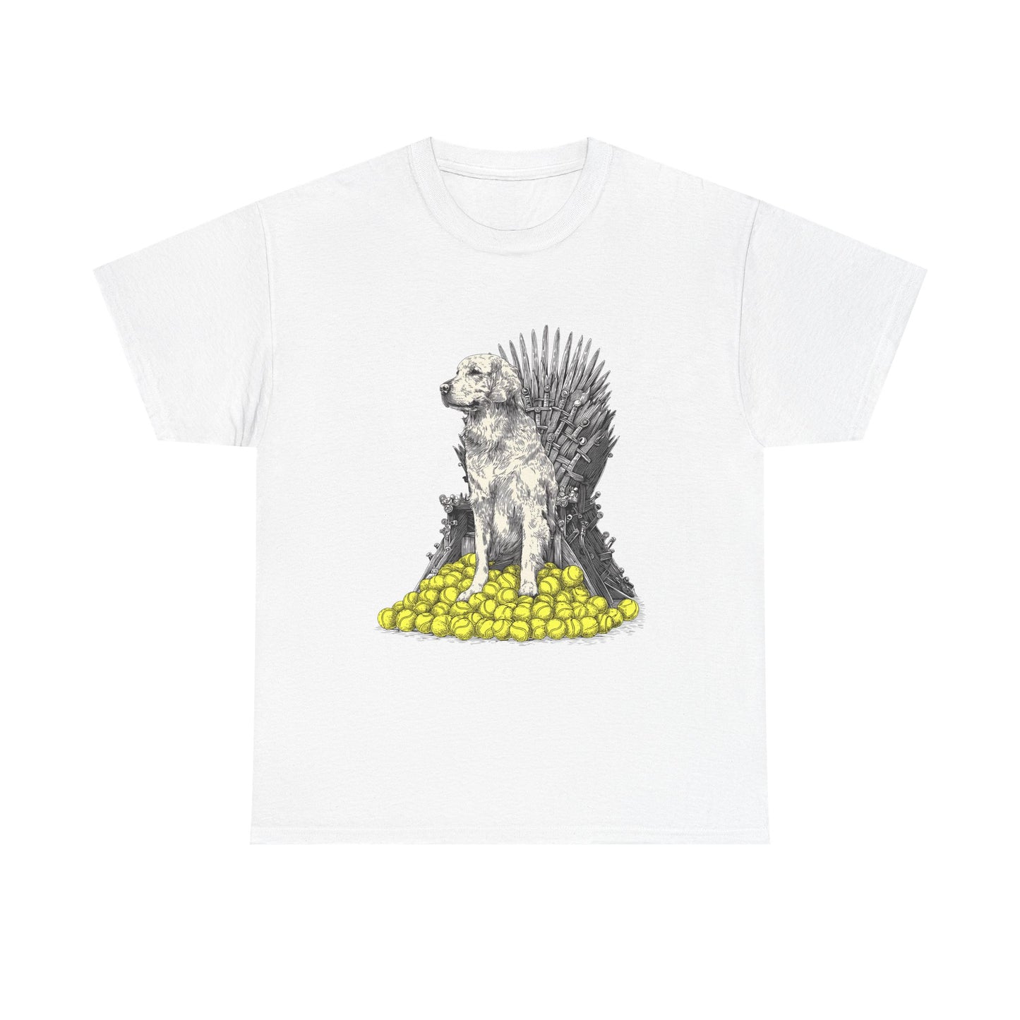Dog Throne T‑Shirt — Dog on Iron Throne of Tennis Balls Graphic Tee