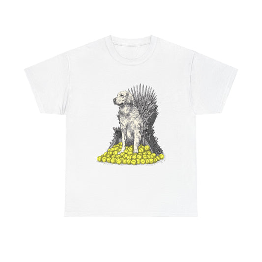 Dog Throne T‑Shirt — Dog on Iron Throne of Tennis Balls Graphic Tee