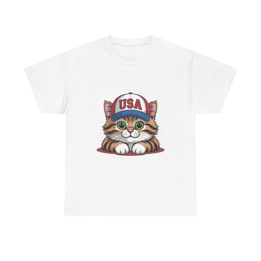 USA Kitten T-Shirt – Cute Cat Wearing USA Cap, Patriotic Fourth of July Tee