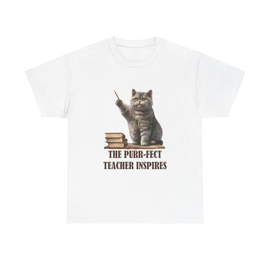 Teacher Cat T-Shirt — "The Purr-fect Teacher Inspires" Cute Gift for Educators