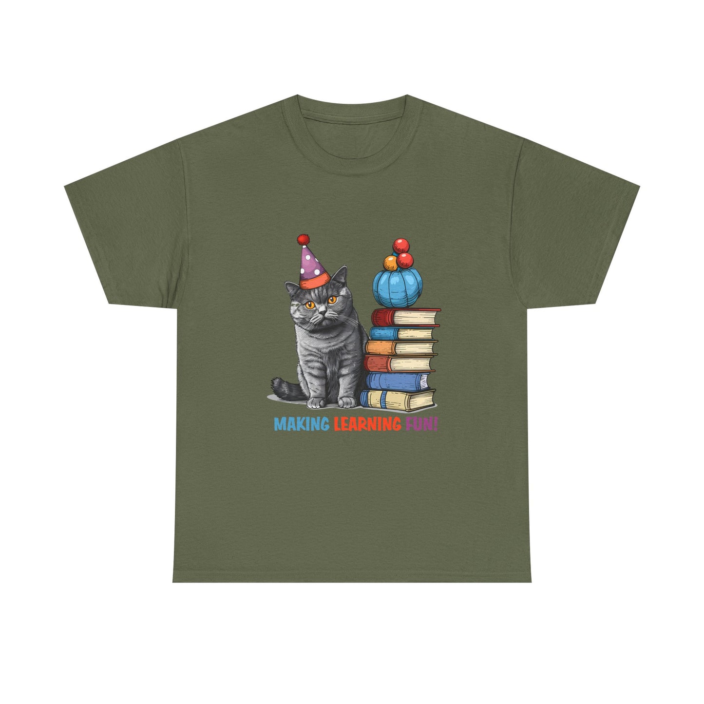 Cat Teacher T-Shirt — "Making Learning Fun!" Cute School Cat with Books Tee