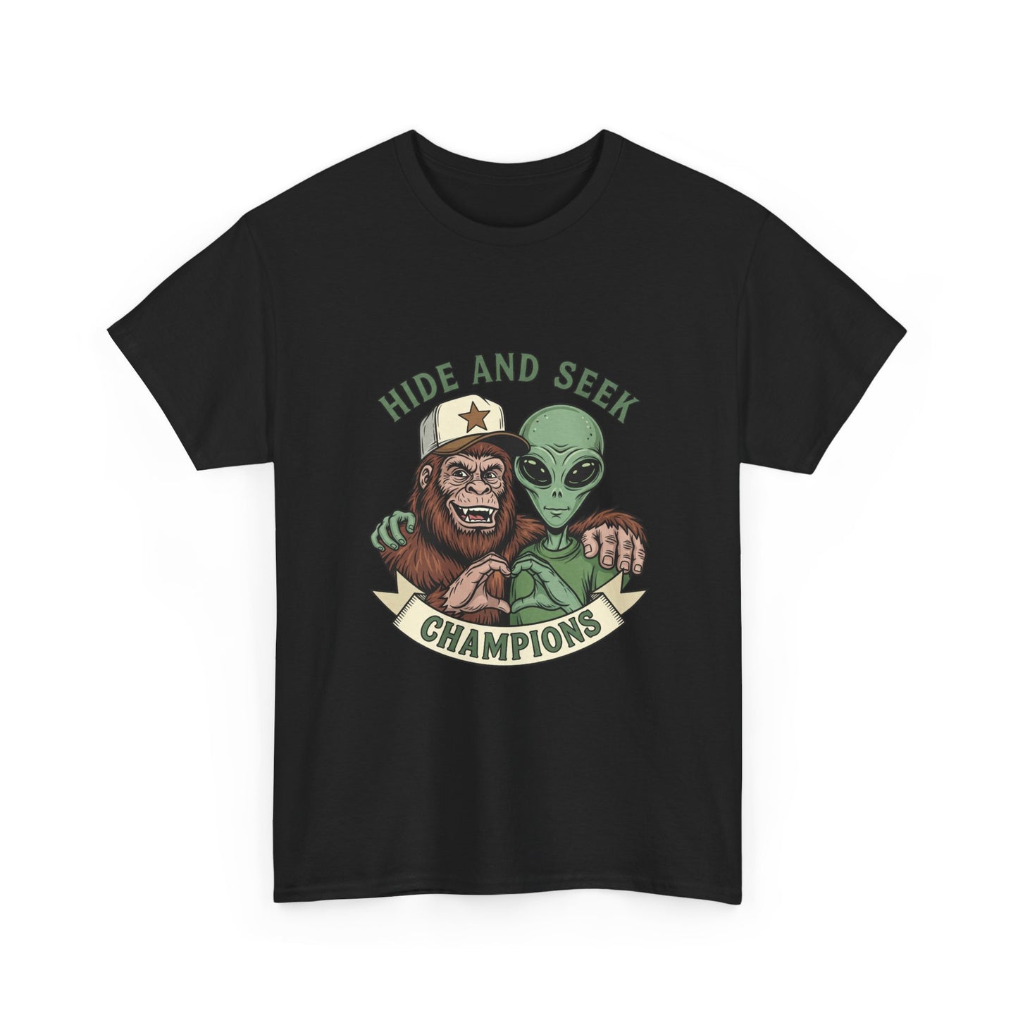 Hide and Seek Champions T-Shirt — Bigfoot & Alien Graphic Tee