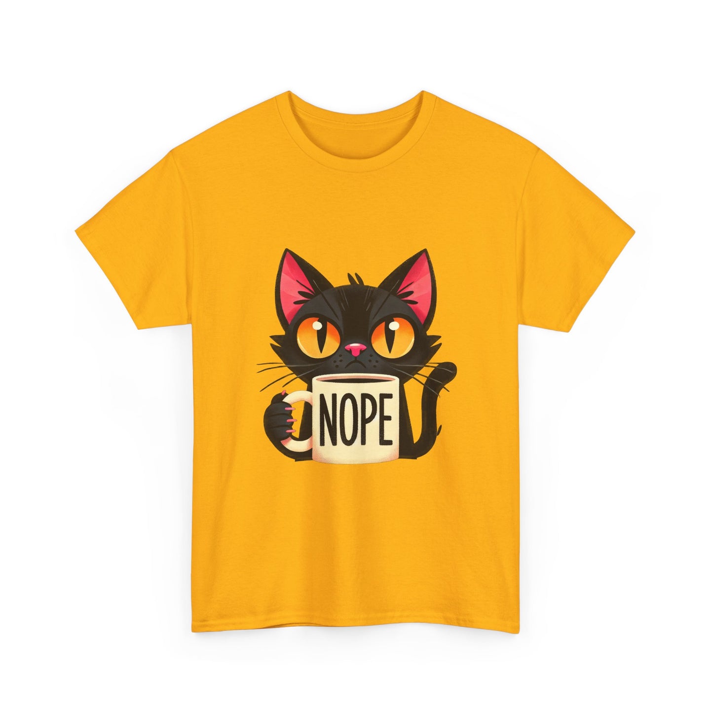 Cat 'Nope' T-Shirt — Cute Black Cat Holding 'NOPE' Mug Graphic Tee