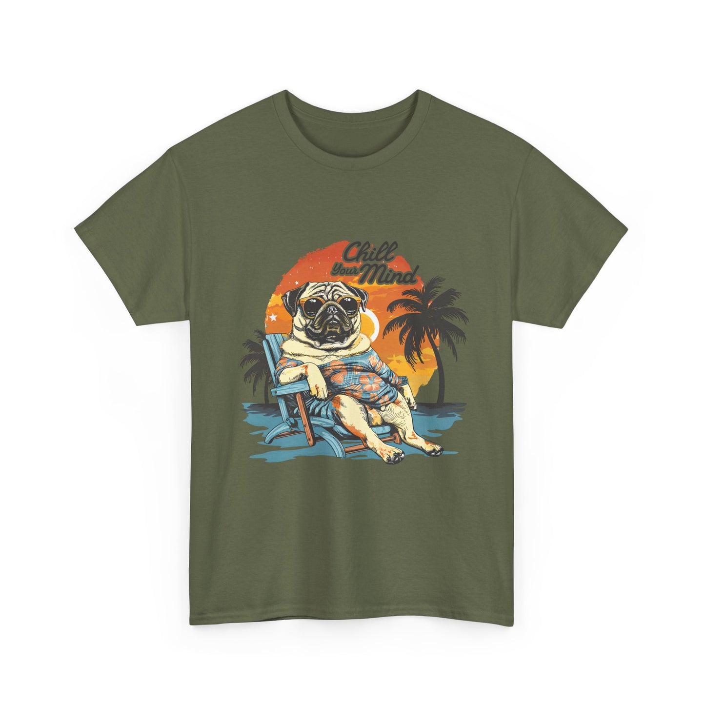 Chill Mind Pug Beach Tee — Retro Palm Sunset Vacation T‑Shirt