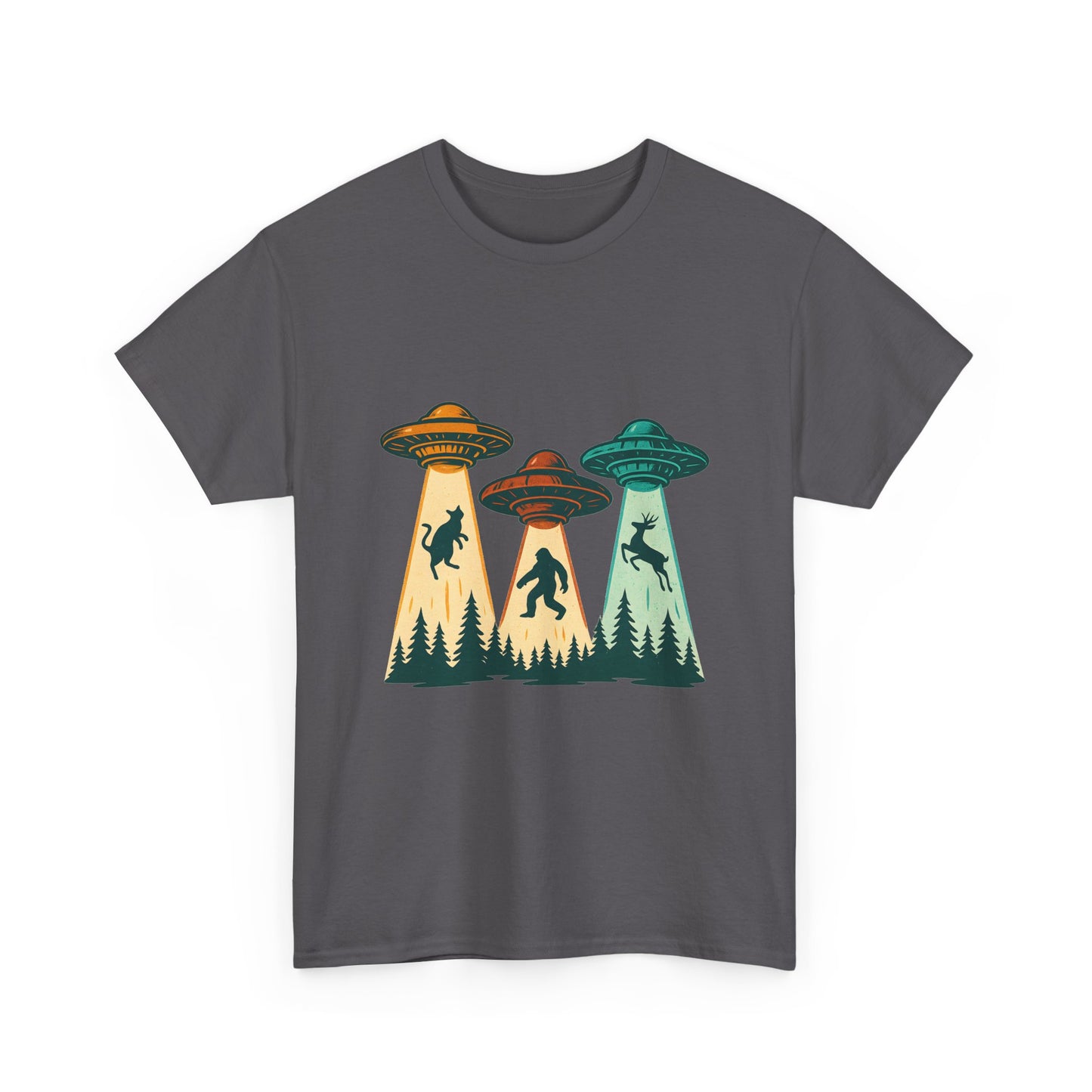 Alien Abduction UFO Tee — Retro Forest Beams T‑Shirt