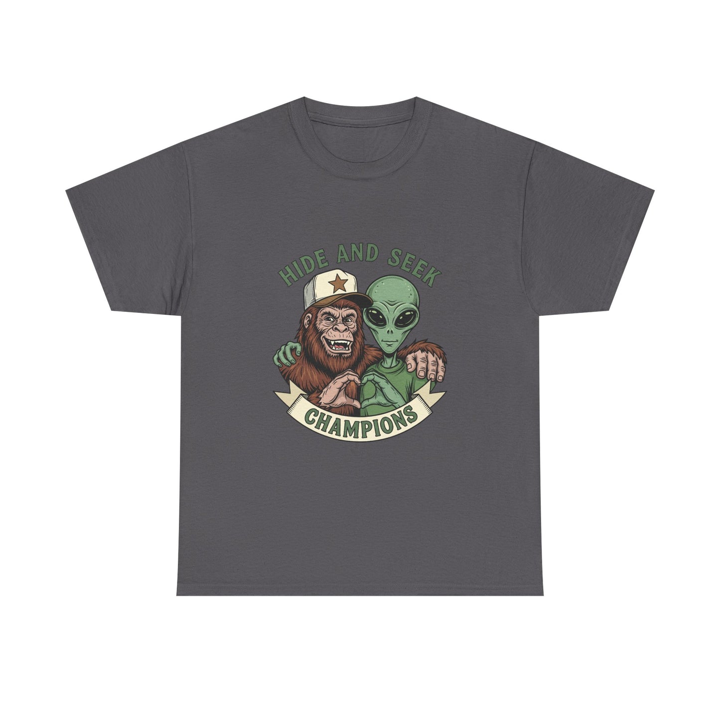 Hide and Seek Champions T-Shirt — Bigfoot & Alien Graphic Tee