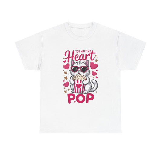 T-Shirt — "You Make My Heart Pop" Cute Cat Popcorn