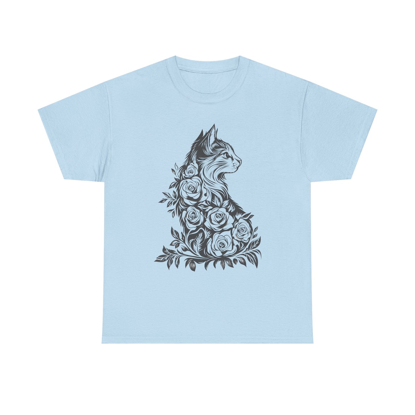 Floral Cat Tee — Vintage Black & White Cat with Roses T-Shirt