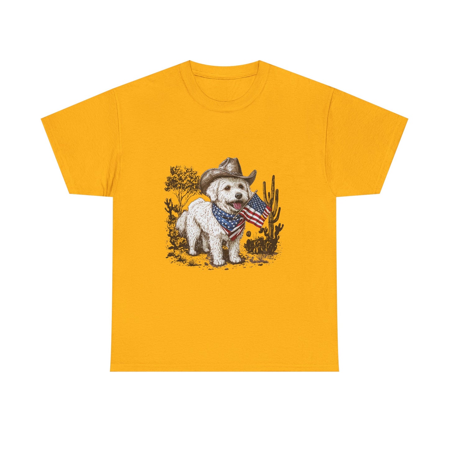 Patriotic Puppy Tee — Cowboy Dog with American Flag