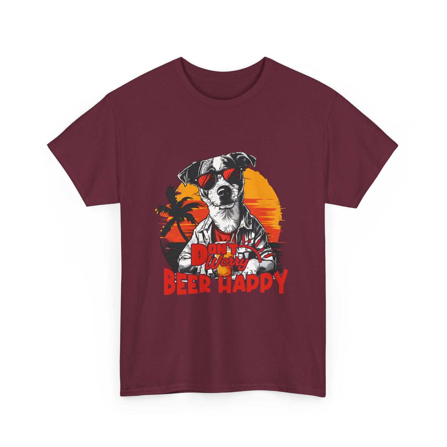 Dog With Beer T-Shirt - "Don't Worry Beer Happy" Retro Sunset Tee