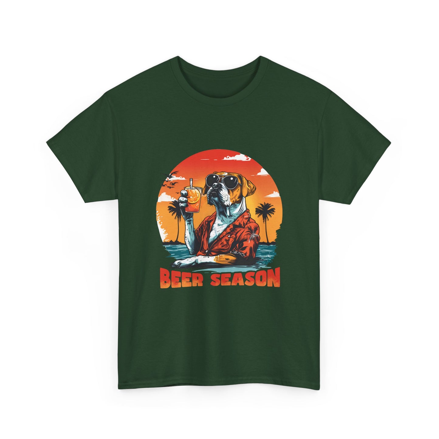 Beer Season T-Shirt — Vintage Sunset Dog Holding Beer