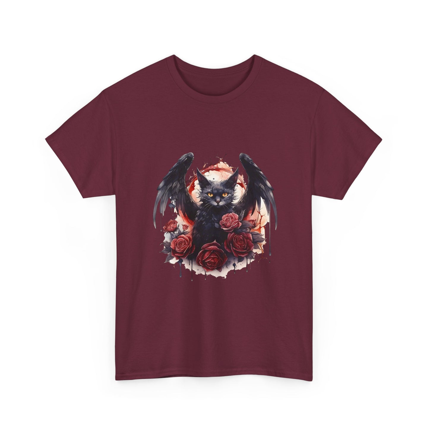 Cat Demon Tee — Gothic Bat-Wing Cat with Roses Graphic Shirt