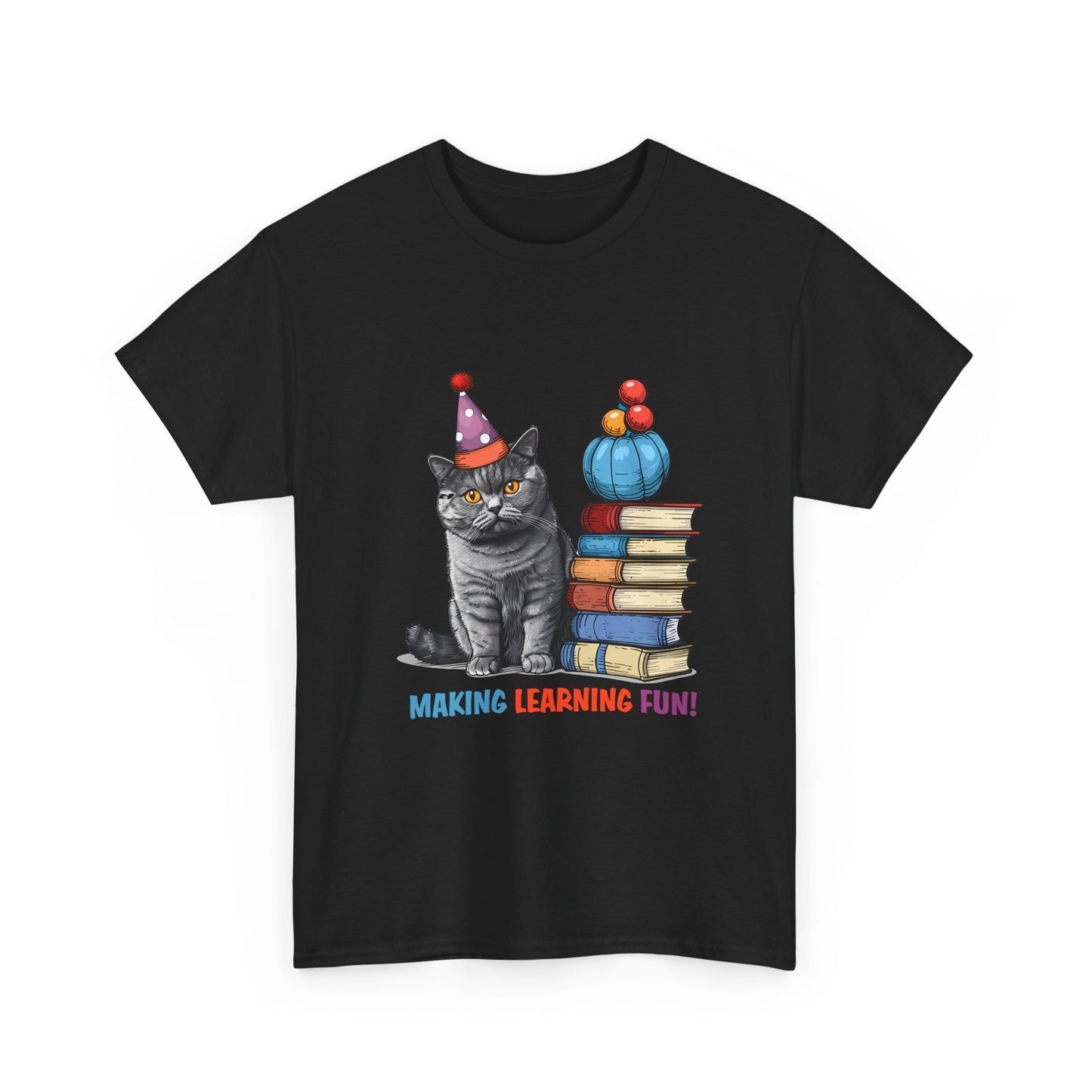 Cat Teacher T-Shirt — "Making Learning Fun!" Cute School Cat with Books Tee