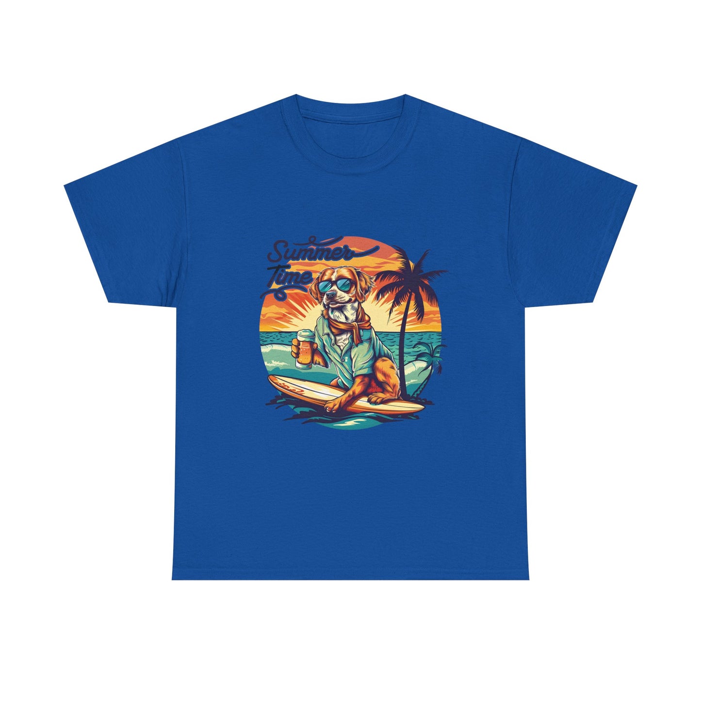Summer Time Surfer Dog T‑Shirt — Vintage Beach Palm Surfing Dog Tee