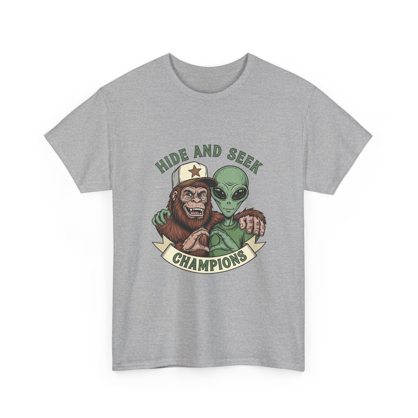 Hide and Seek Champions T-Shirt — Bigfoot & Alien Graphic Tee