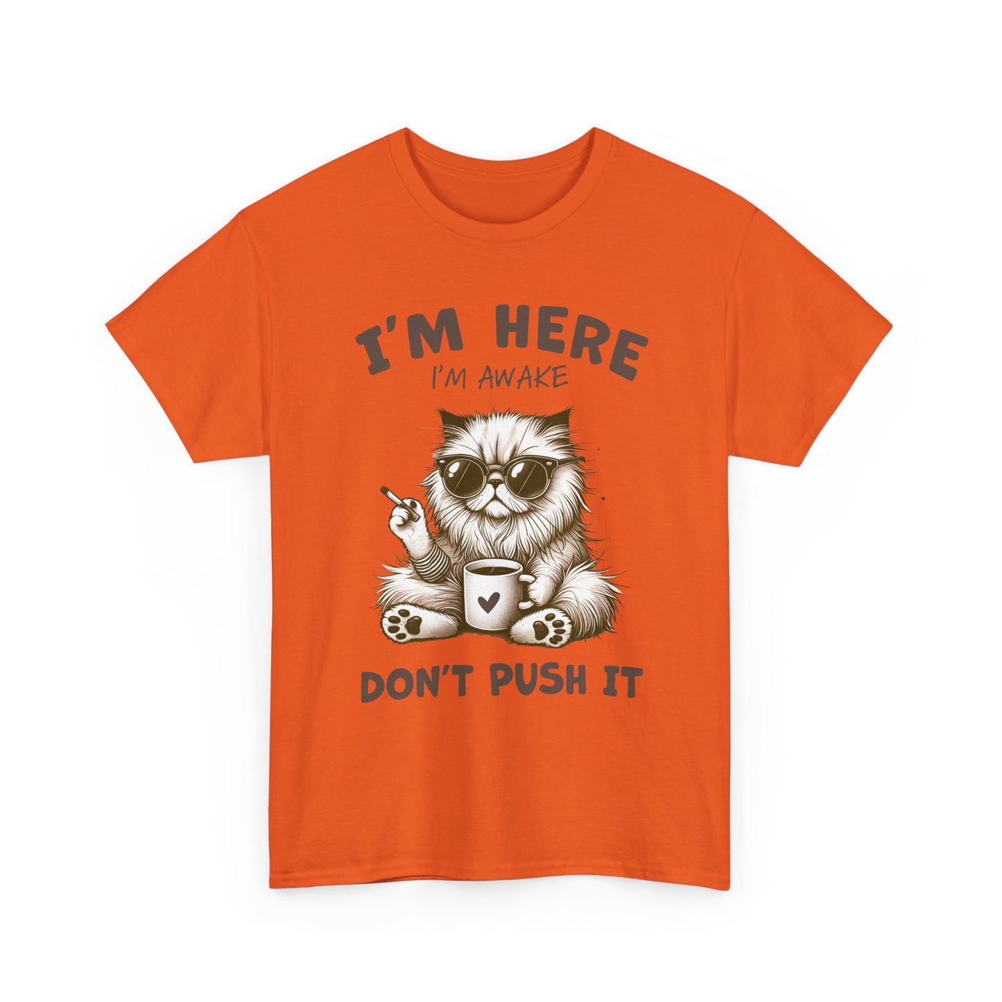 I'm Here I'm Awake Don’t Push It Cat T-Shirt — Funny Coffee Cat Tee for Cat Lovers