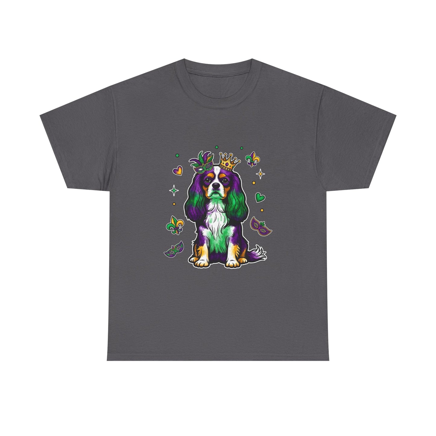 Mardi Gras Cavalier King Charles Dog T‑Shirt — King & Mask Festival Tee