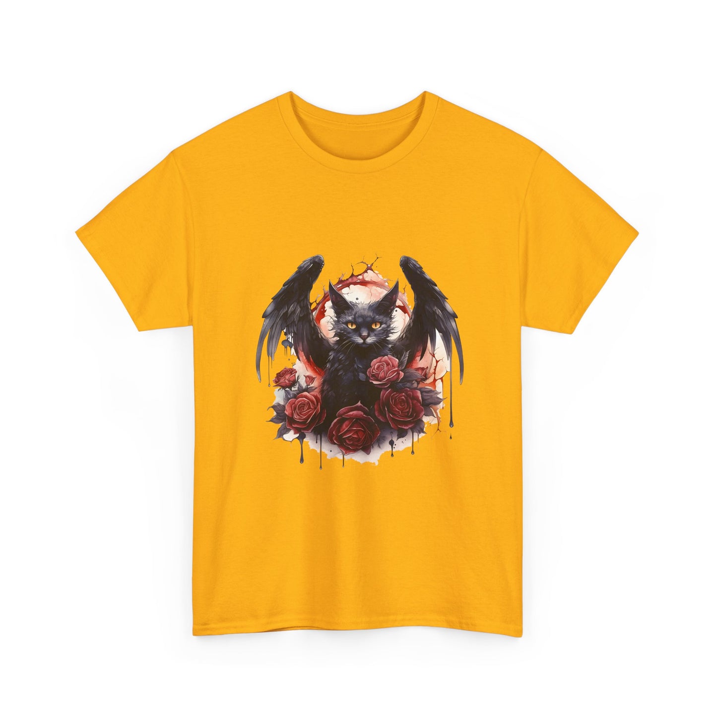Cat Demon Tee — Gothic Bat-Wing Cat with Roses Graphic Shirt