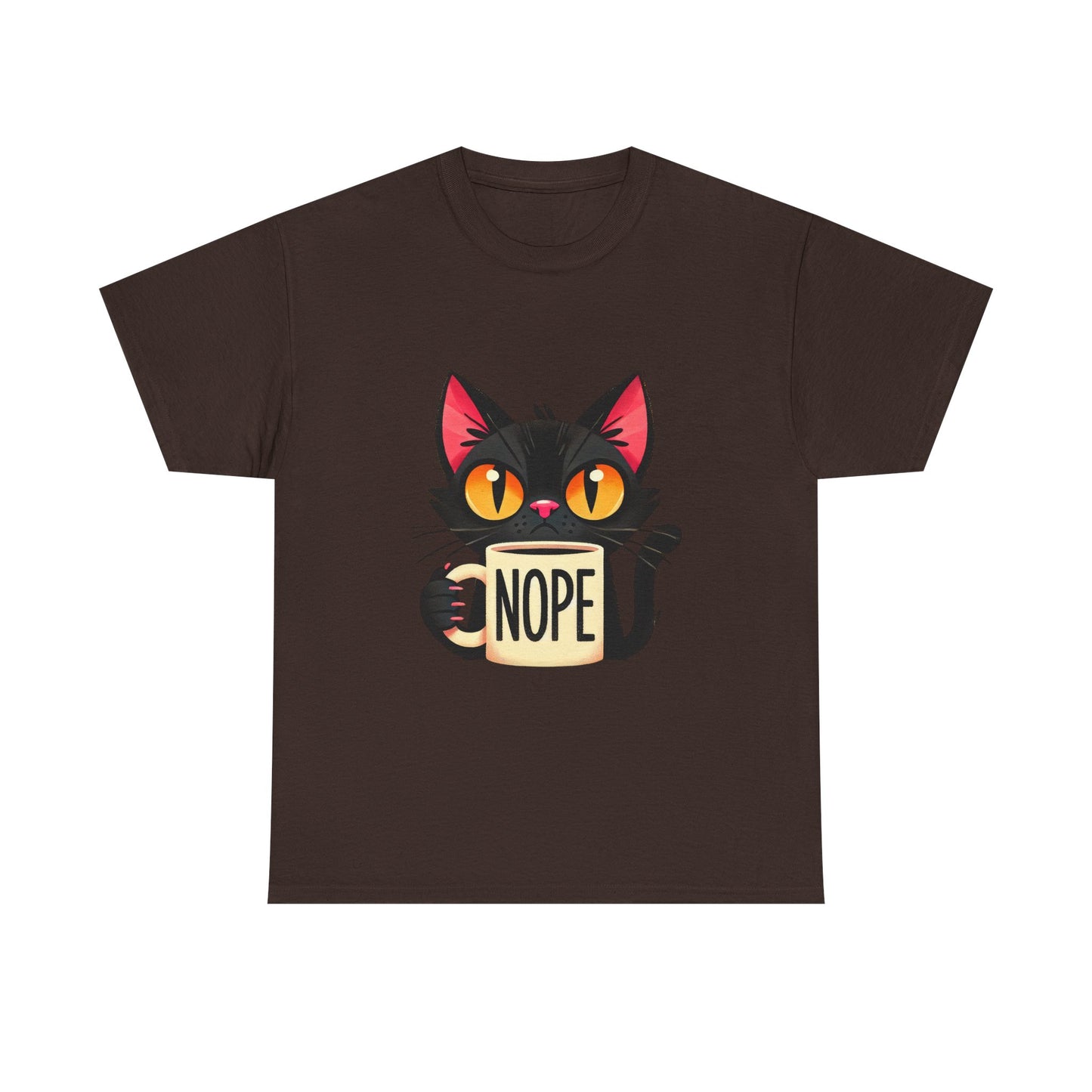 Cat 'Nope' T-Shirt — Cute Black Cat Holding 'NOPE' Mug Graphic Tee