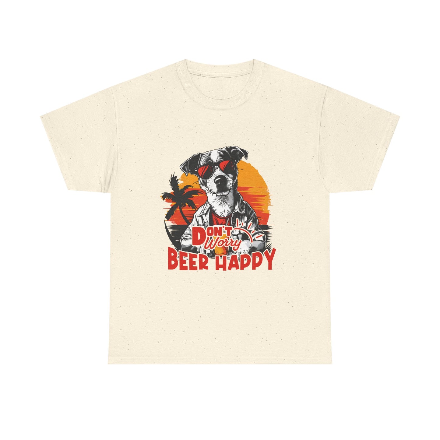 Dog With Beer T-Shirt - "Don't Worry Beer Happy" Retro Sunset Tee