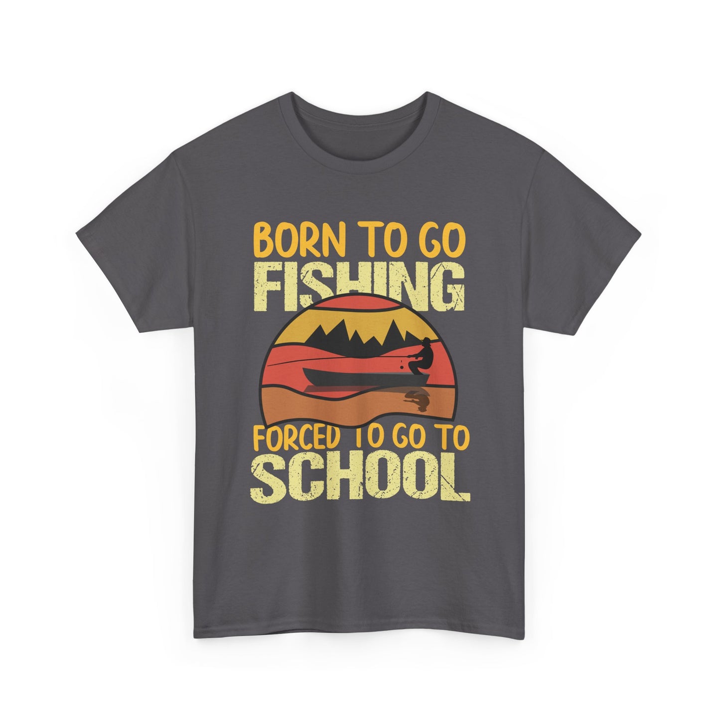 Fishing Graphic Tee - "Born to Go Fishing, Forced to Go to School" Retro Sunset T-Shirt for Kids & Teens