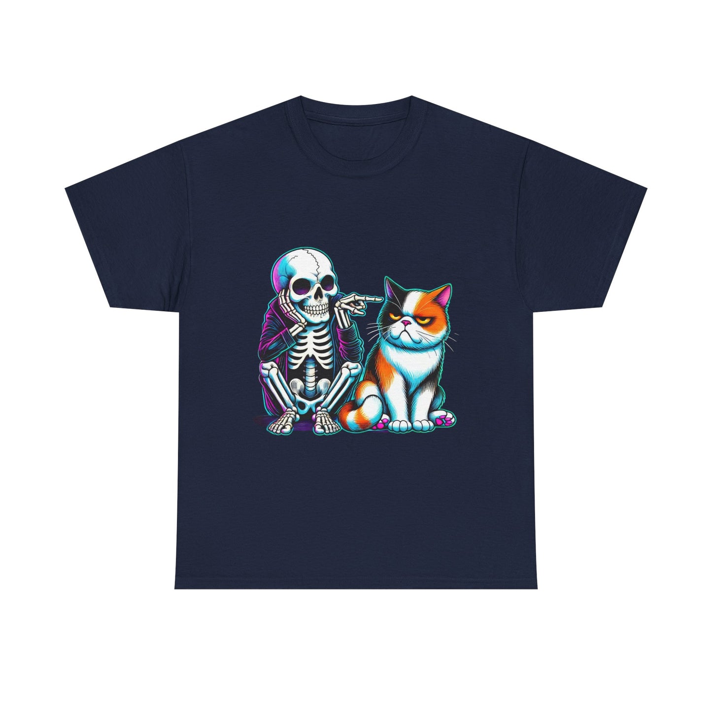 Skeleton & Cat Graphic Tee — Retro Neon Spooky Cat Shirt
