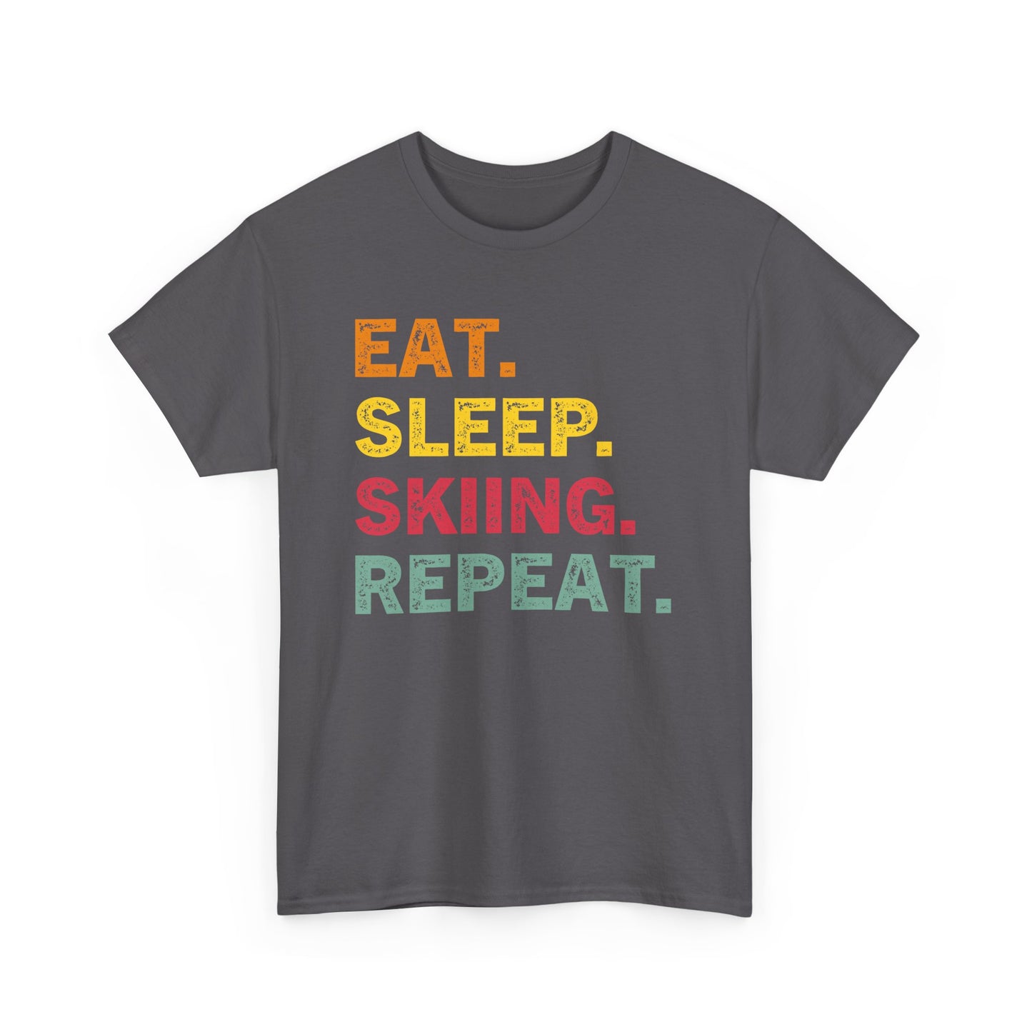 Ski T-Shirt — “Eat. Sleep. Skiing. Repeat.” Retro Colorblock Skiing Tee