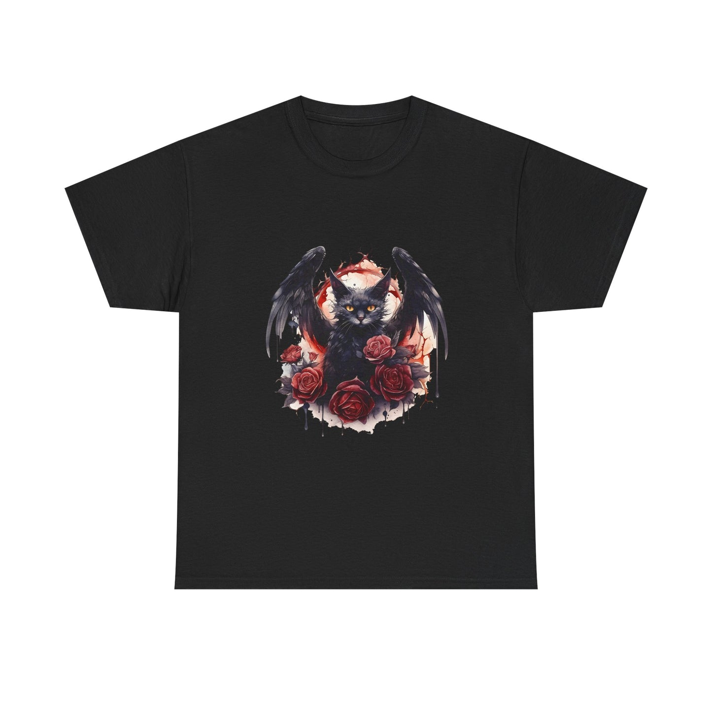 Cat Demon Tee — Gothic Bat-Wing Cat with Roses Graphic Shirt