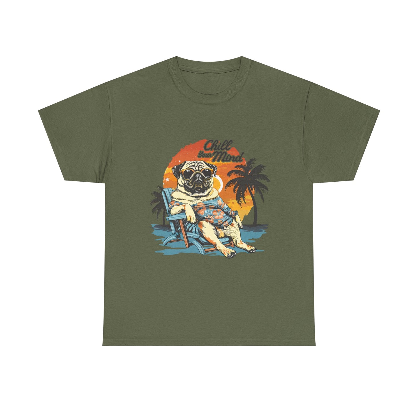 Chill Mind Pug Beach Tee — Retro Palm Sunset Vacation T‑Shirt
