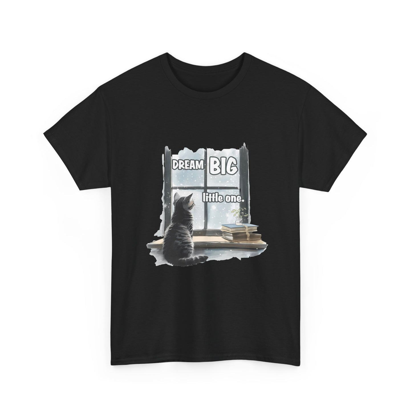 Dream Big Little One T‑Shirt — Cat at Window Inspirational Kids Tee